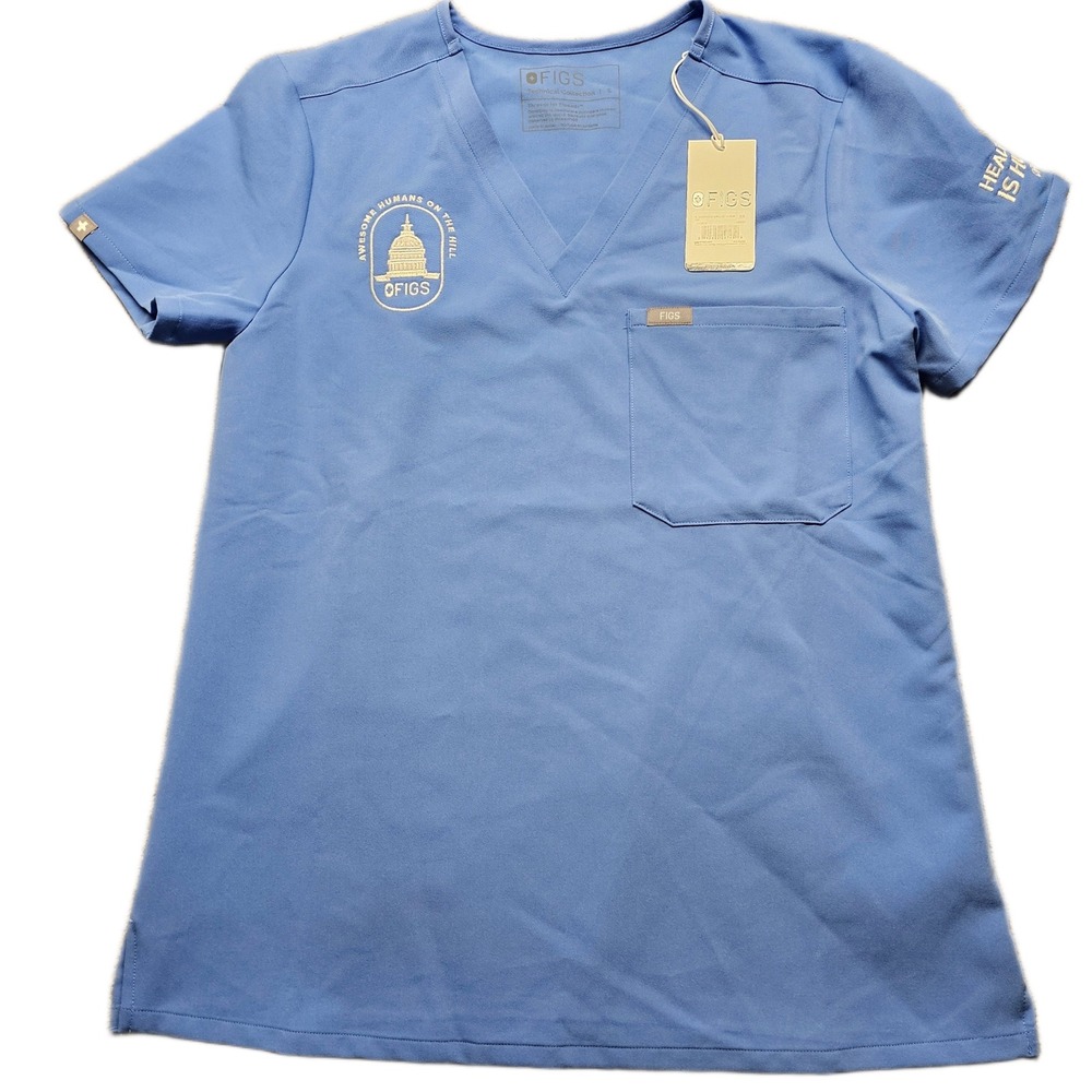 FIGS One-Pocket Scrub Top Womens Small Blue Medical Short Sleeve V-Neck Pullover